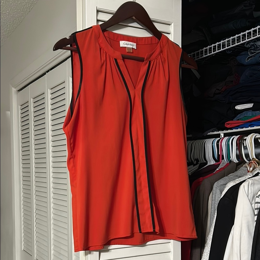 Calvin Klein Orange Pleated Sleeveless Blouse